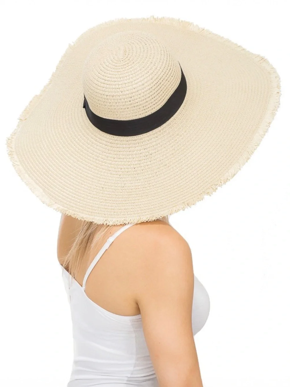 Frayed Edge Wide Brim Straw Beach Hat – Beige with Black Ribbon Detail